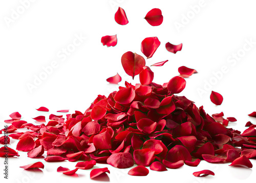 Red rose petals are falling onto a pile of other petals, creating a romantic Valentine's Day atmosphere