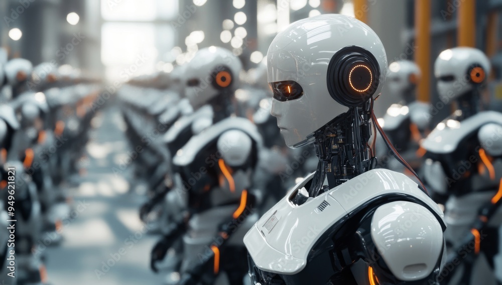 A group of white humanoid robots in an industrial factory A group of white humanoid robots in an industrial factory