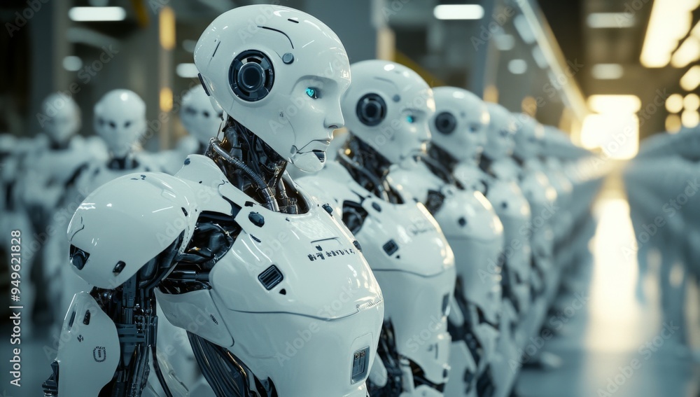 Fototapeta premium A group of white android robots in industrial factory 