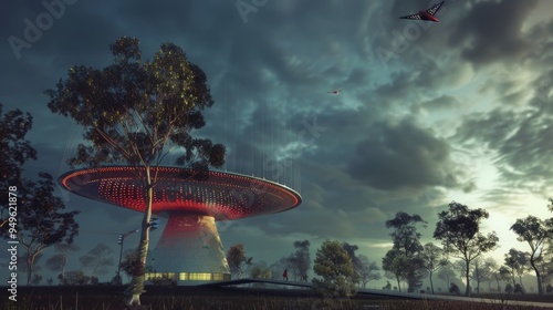 Futuristic, disc-shaped building with red lights in a field of trees. photo