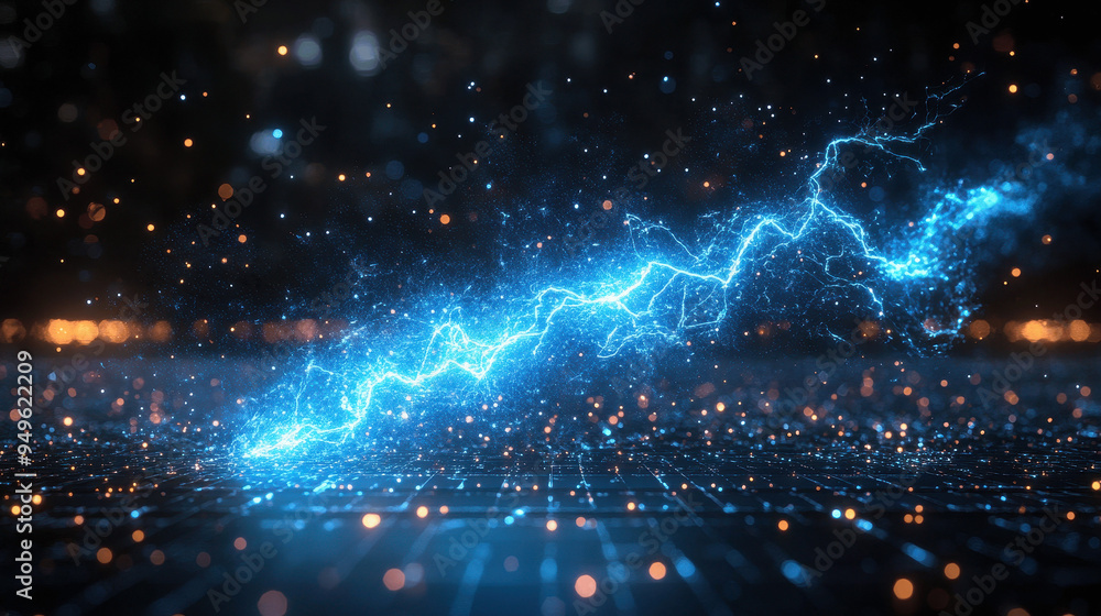 Obraz premium A futuristic blue lightning bolt illuminates a digital landscape at night with sparkling particles and glowing effects