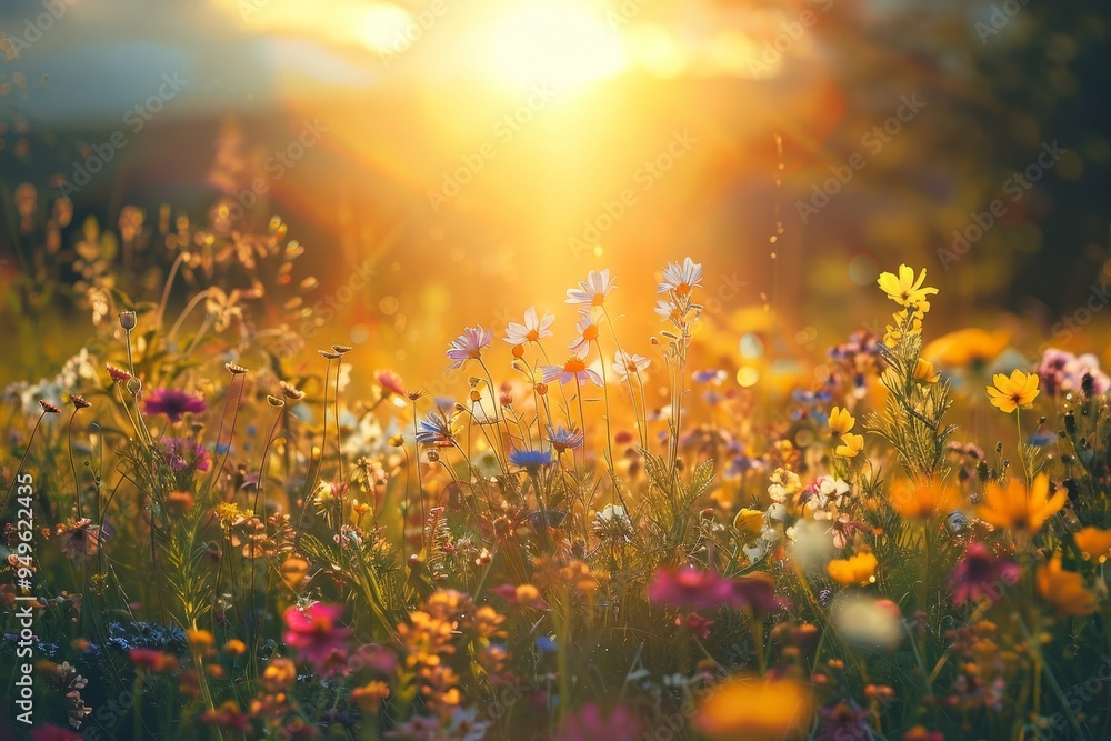 A field of colorful wildflowers under the shining sun, Sun shining on a meadow of colorful wildflowers A field of colorful wildflowers under the shining sun, Sun shining on a meadow of colorful wildflowers