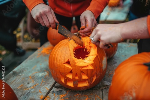 Cutting Into the Pumpkin Unrecognisable person carving pumpkins at a farm after picking them in preparation for Halloween. They are cutting into the top of the pumkpkin. photo