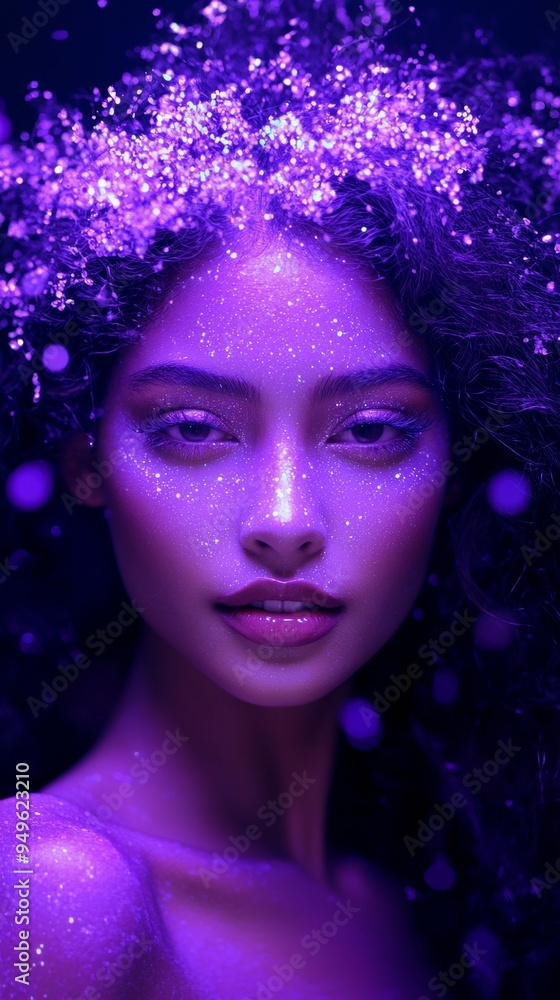 A woman glowing in purple light, with shimmering makeup and an otherworldly aura, creating a dreamlike Halloween atmosphere. A woman glowing in purple light, with shimmering makeup and an otherworldly aura, creating a dreamlike Halloween atmosphere.