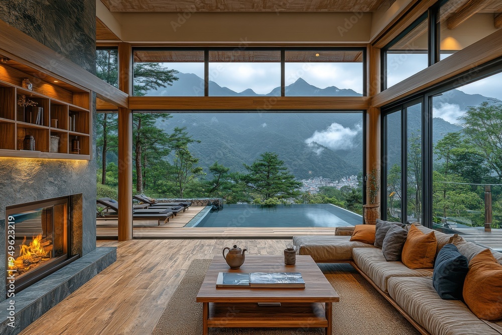 Obraz premium A large living room with a fireplace, a pool, and a view of mountains