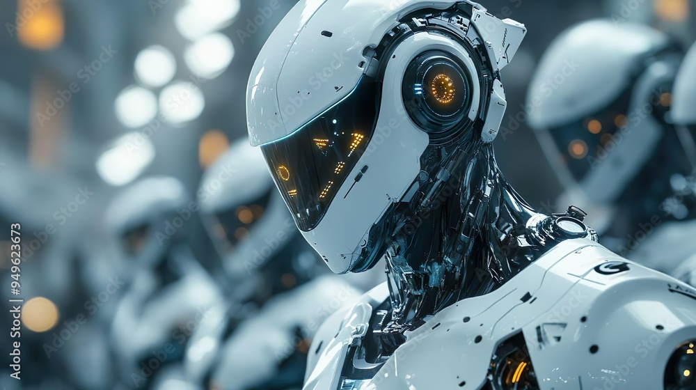 High-tech robot with glowing eyes and helmet for designs High-tech robot with glowing eyes and helmet for designs
