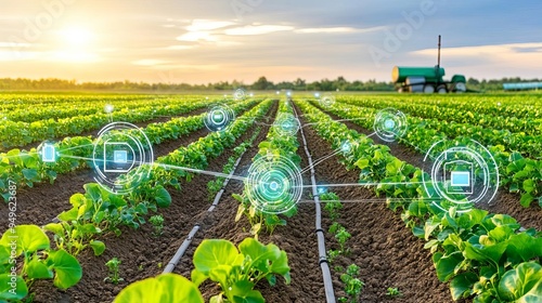 Obraz na płótnie Agricultural field with connected sensors, internet of things in agriculture, smart farming innovations w salonie