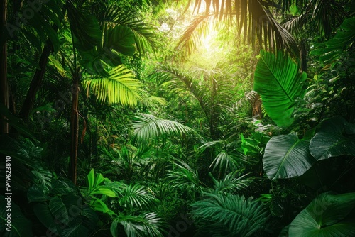 Fototapeta Naklejka Na Ścianę i Meble -  Vibrant rainforest jungle with dense vegetation and diverse flora.