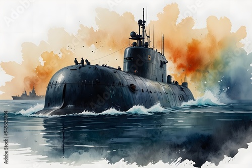 Submarine deployment in a military exercise in watercolor style