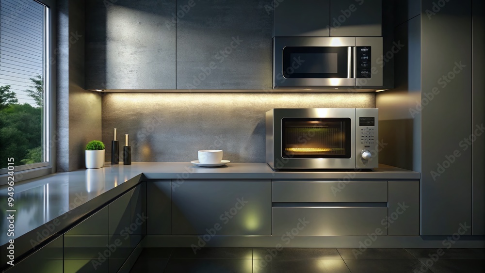 Moody dimly lit microwave door reflection in sleek modern minimalist kitchen countertop Moody dimly lit microwave door reflection in sleek modern minimalist kitchen countertop