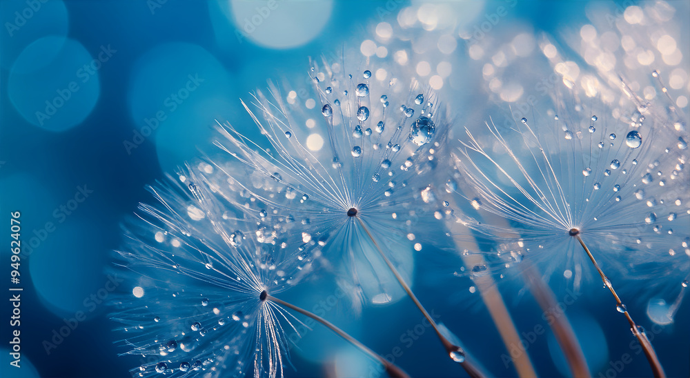 Fototapeta premium Macro of big white dandelion flower. Blue background with white dandelion. Dandelion flowers for wallpaper, web design. 
