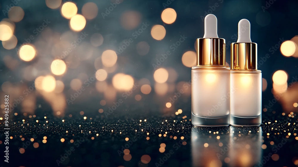 Luxury skincare serum bottles with golden bokeh Luxury skincare serum bottles with golden bokeh
