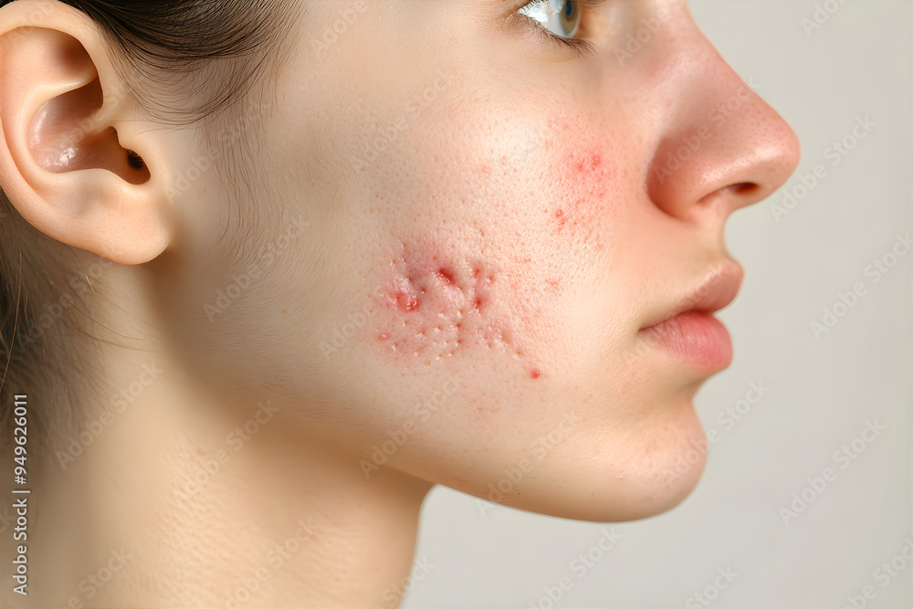 Obraz premium Woman with pimples on the face. Close up skin texture. Macro acne skin. Treatment for skin concept. Problem skin. Pimples, acne, pores, scars. 