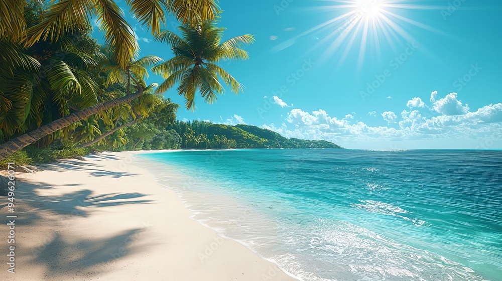 A tropical beach with turquoise waters, white sands, and lush palm trees under a bright sun, embodying a paradise getaway A tropical beach with turquoise waters, white sands, and lush palm trees under a bright sun, embodying a paradise getaway