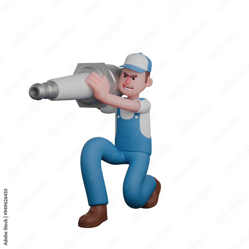 Professional 3D Male Mechanic. A mechanic is squatting while carrying a large spark plug on his right shoulder. Automotive Character