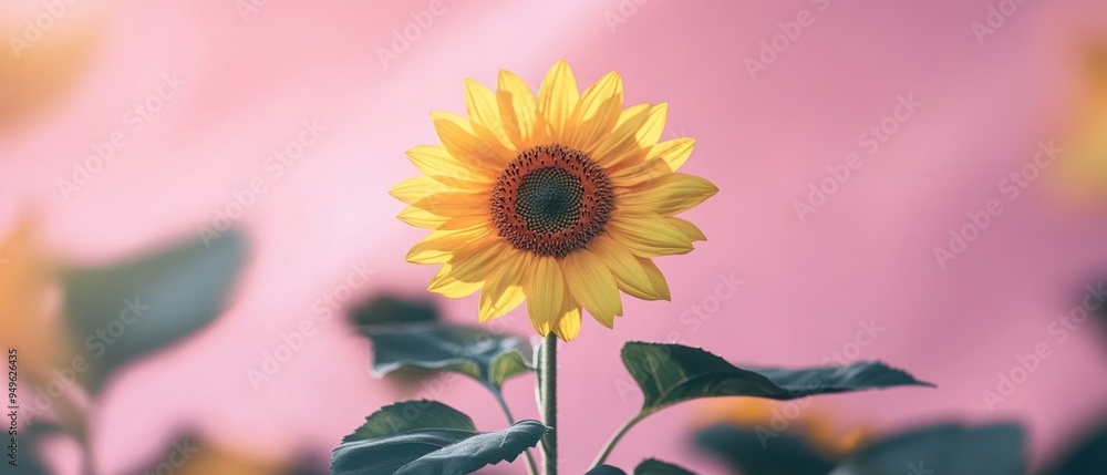 Obraz premium A Single Sunflower Facing the Sunlight Against a Pink Background