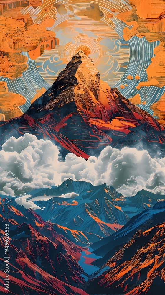 Obraz premium Orange golden mountain pattern illustration poster background