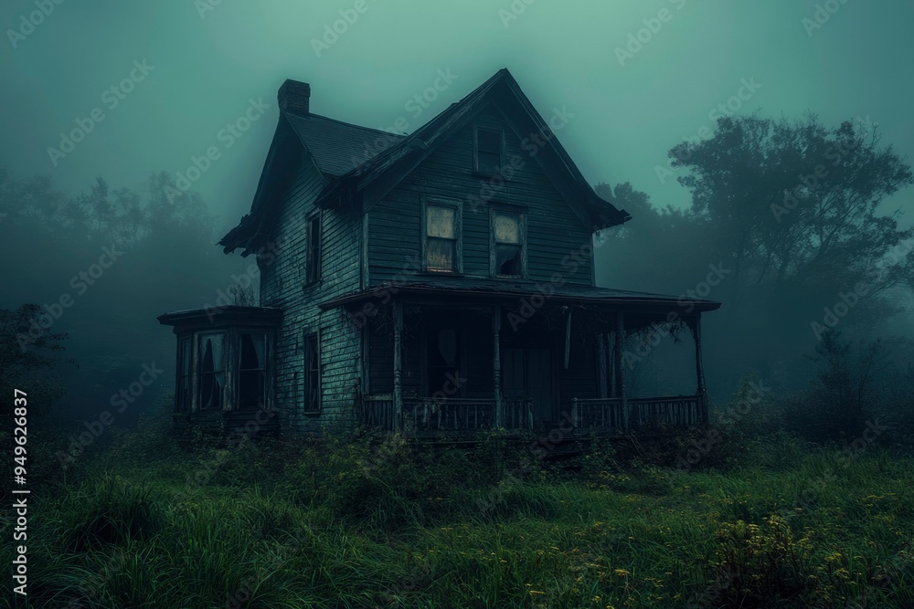 A weathered wooden house in a misty forest A weathered wooden house in a misty forest