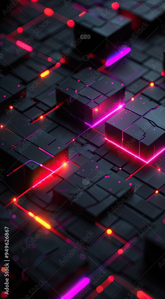 Dark background, black cubes with red and purple lights Dark background, black cubes with red and purple lights
