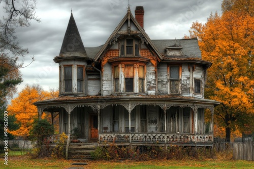 A dilapidated Victorian mansion with peeling paint and a wraparound porch, set against a backdrop of autumn foliage.