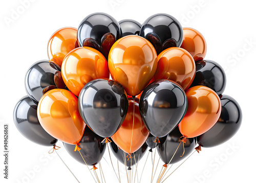 A cluster of black and orange glossy balloons against a white background. The balloons are arranged in a random pattern, creating a festive and cheerful atmosphere