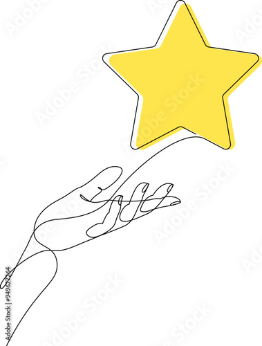 Continuous one line drawing of human hand holding yellow star. Satisfaction customer concept. Vector illustration with editable stroke.