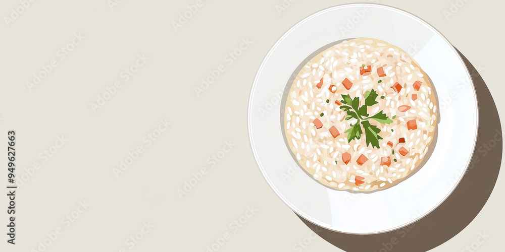 Risotto dish in a shallow white plate with visible grains and garnish Risotto dish in a shallow white plate with visible grains and garnish
