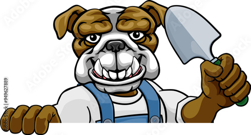 A bulldog gardener cartoon gardening animal mascot holding a garden spade tool peeking round a sign