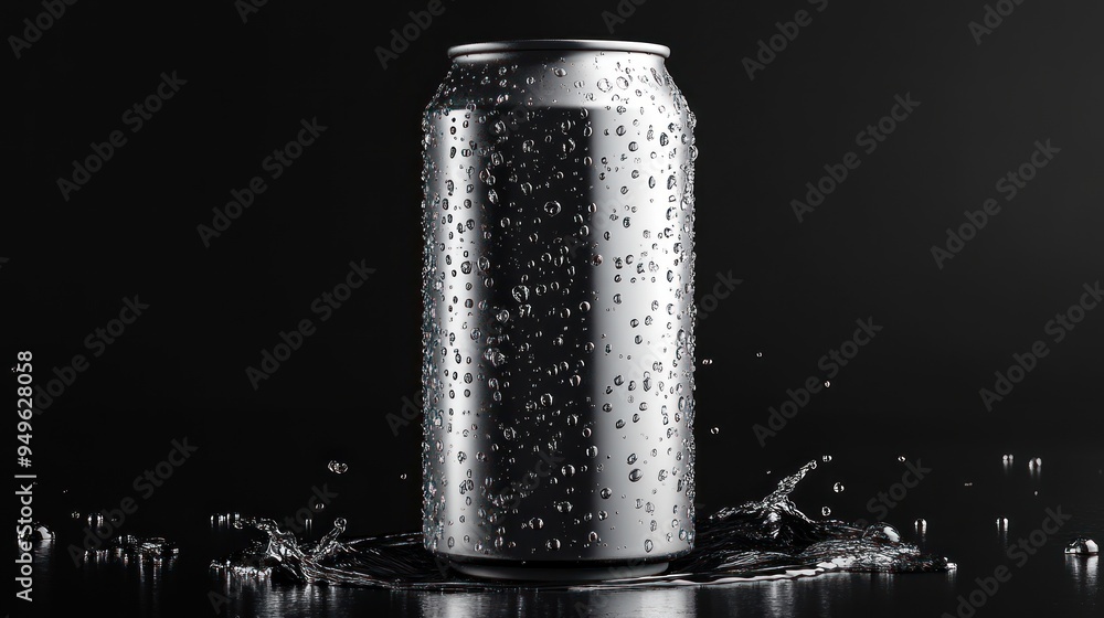 A single aluminum can with condensation beads stands on a dark surface with water droplets and splashes around it, against a black background. A single aluminum can with condensation beads stands on a dark surface with water droplets and splashes around it, against a black background.