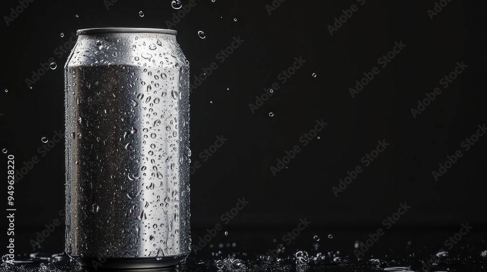 A chilled, unbranded aluminum can with water droplets on its surface, suggesting condensation, against a dark background with visible water droplets mid-air. A chilled, unbranded aluminum can with water droplets on its surface, suggesting condensation, against a dark background with visible water droplets mid-air.