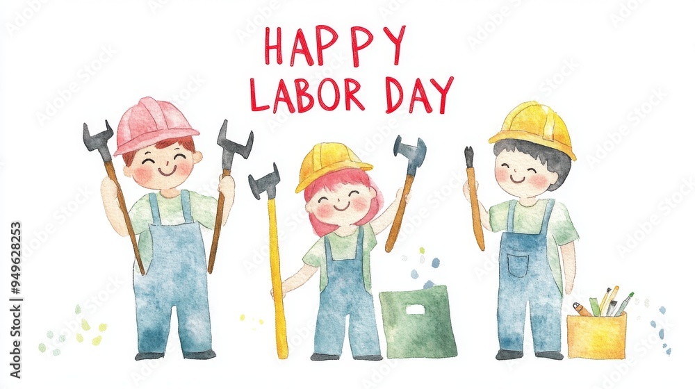 A simple, cute, flat watercolor illustration of three workers holding tools and standing next to each other, with happy expressions and the text A simple, cute, flat watercolor illustration of three workers holding tools and standing next to each other, with happy expressions and the text