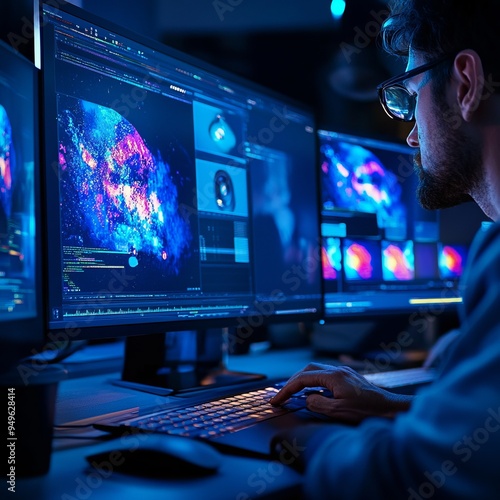 Manager working on computer in office with AI technology. Man with back turned thinking about business project and looking at financial report at night. Marketing staff. AI concept. Generative AI.