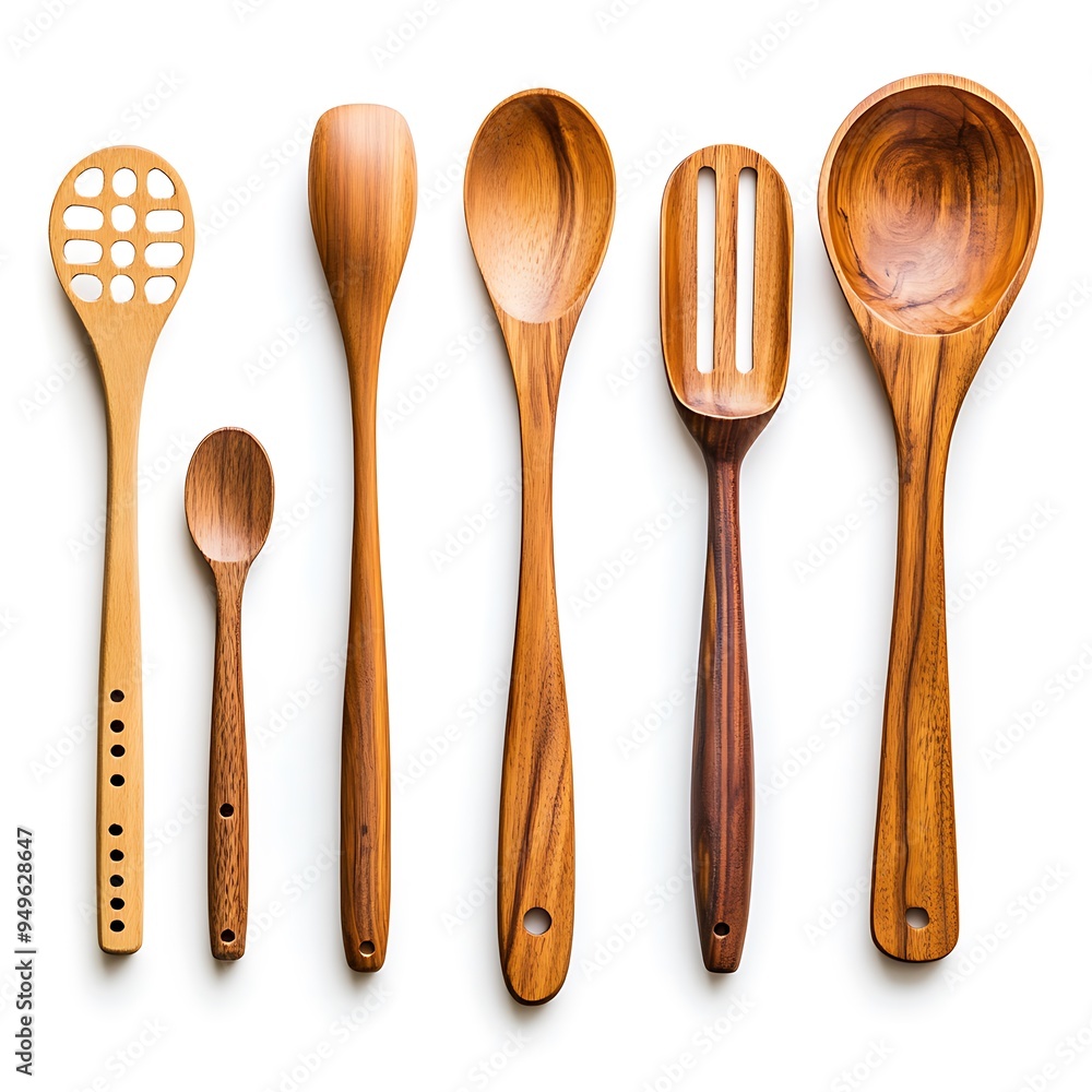 Assorted bamboo kitchen utensils against pure white, eco-friendly and modern Assorted bamboo kitchen utensils against pure white, eco-friendly and modern