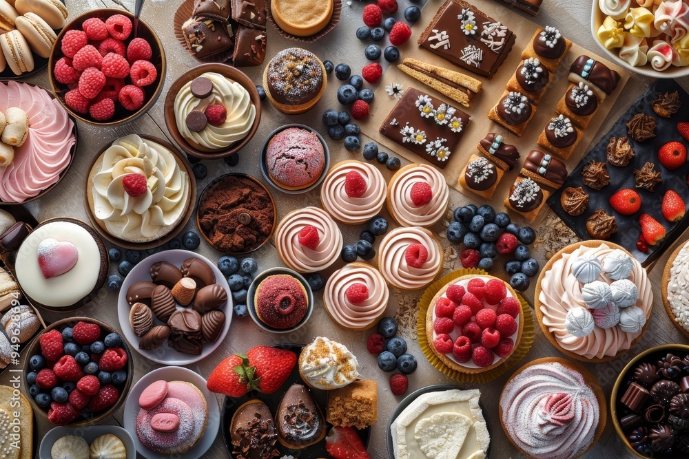 A variety of desserts displayed on a table, showcasing cakes, pastries, cookies, and more, Sweet treats and desserts scattered throughout A variety of desserts displayed on a table, showcasing cakes, pastries, cookies, and more, Sweet treats and desserts scattered throughout
