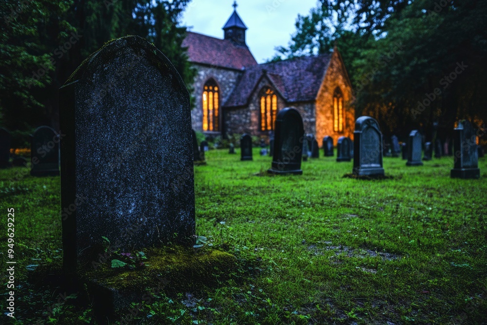 Gravestone in a Cemetery with a Church in the Background Gravestone in a Cemetery with a Church in the Background
