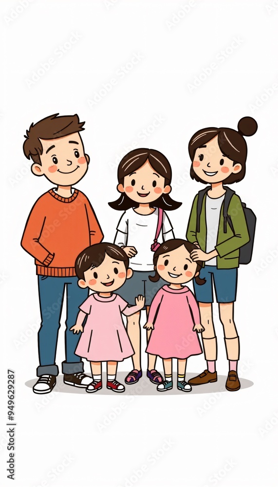 illustration en famille, parents et 3 enfants illustration en famille, parents et 3 enfants