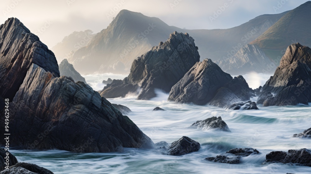 Dramatic Rocky Coastline with Foamy Waves Dramatic Rocky Coastline with Foamy Waves