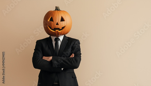 Businessman with Halloween pumpkin head wearing a suit with a tie, beige background, copy space