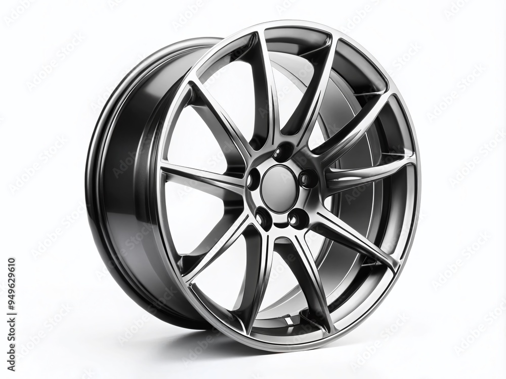 Fototapeta premium high-contrast black and white photograph of minimalist modern wheel with thin silver spokes isolated on white background studio setup