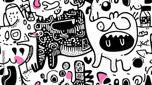 Abstract Black and White Doodle Pattern with Pink Accents photo