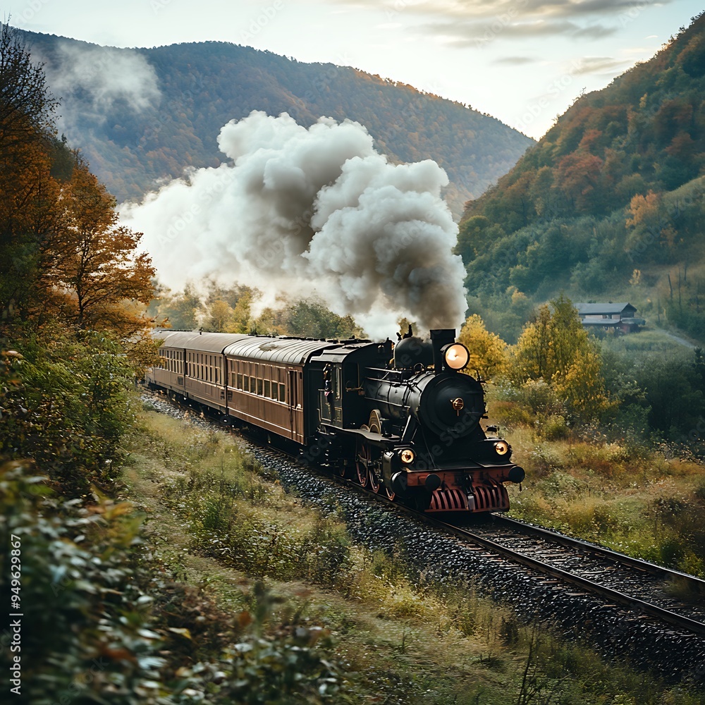 Obraz premium A steam locomotive speeds through lush green mountains, smoke pours from its chimney, and trees line both sides of the tracks.