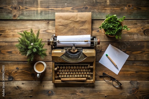 Rustic and earthy-themed wooden desk with a vintage-style typewriter and a worn tax report icon, surrounded by scattered papers and natural elements photo