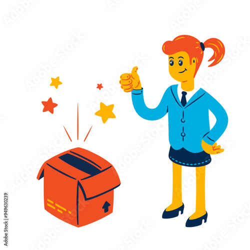 Woman receiving parcel and showing thumbs up