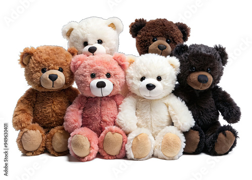 Six plush teddy bears of various colors and sizes sit together on a white background