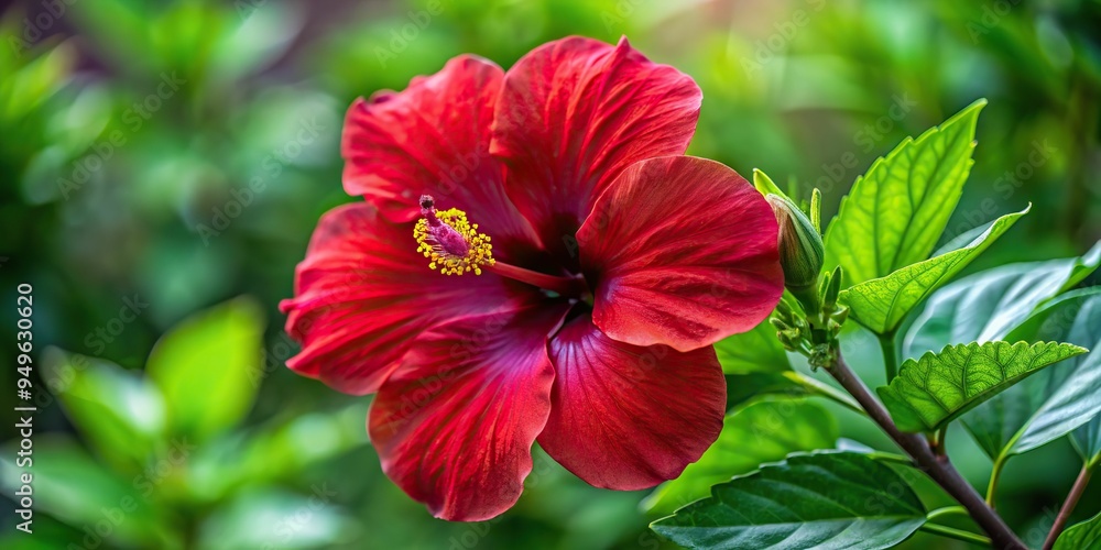 2. A close-up of a blooming hibiscus flower with deep crimson petals, set against a soft green leaf background, a realistic photo image. 2. A close-up of a blooming hibiscus flower with deep crimson petals, set against a soft green leaf background, a realistic photo image.