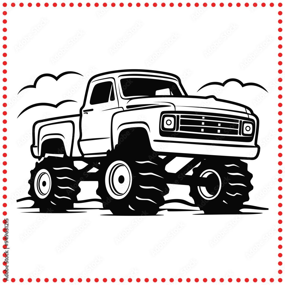 Vector Illustration of a Monster Truck in Black and White with Rugged Terrain Vector Illustration of a Monster Truck in Black and White with Rugged Terrain