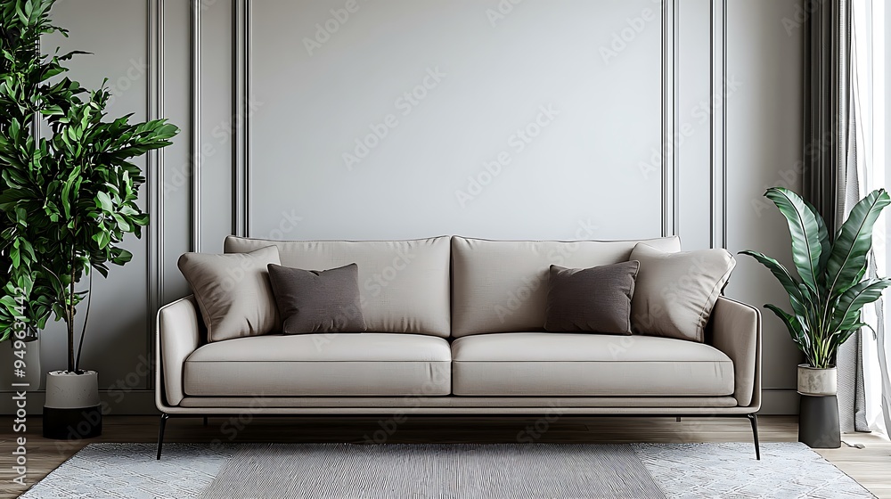 Fototapeta premium A modern living room with a beige sofa and plants creates a tranquil and inviting atmosphere.