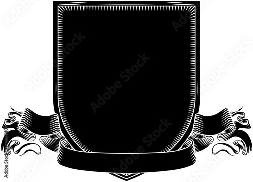Coat of arms crest knight family medieval shield and scroll heraldry heraldic armorial motif in a vintage etching engraving woodcut style
