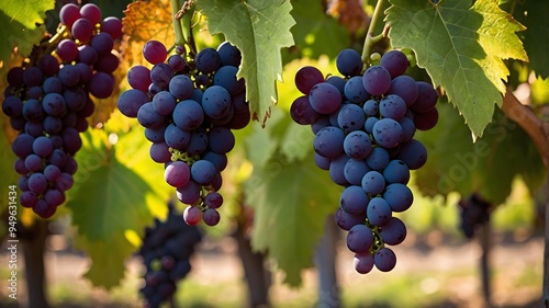 A close-up of ripe red and purple grapes hanging from a vine in the warm sunlight.