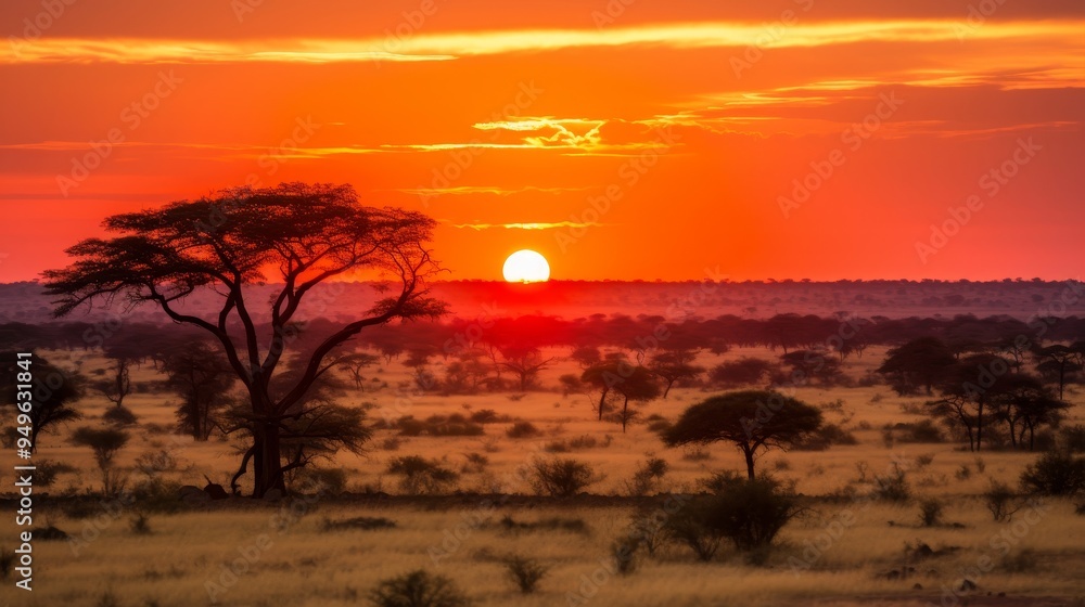 Fototapeta premium African Savanna Sunset: Golden Hour Landscape